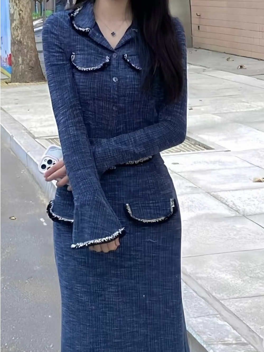 Women's Navy Blue Fringe Trim Midi Skirt Set